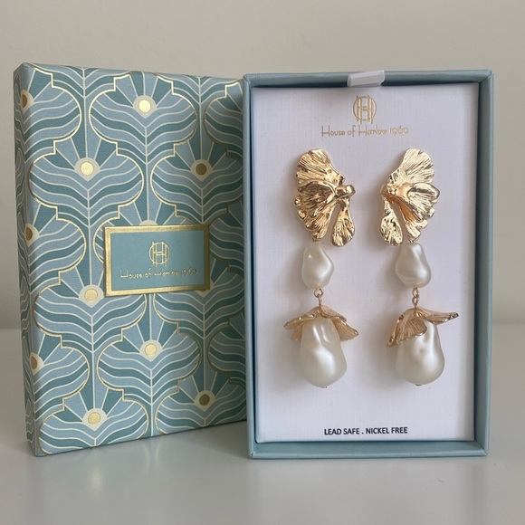 House of Harlow 1960 Double Pearl Floral Drop Earrings Christmas New Years Party - Picture 1 of 6